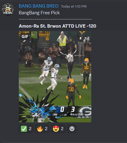 BangBangB0ys's tweet photo. Even the FREE PLAYS are PRINTING 💵

🤔Question is: WHY ARE YOU NOT TAPPED IN??? 

🚨Tap in for FREE picks DAILY🚨
➡️https://t.co/vpKkJB7Nee⬅️

#NFL #Bears #JamesonWilliams #Evans #Saquan #Lions #SportsBettingX #sportsbettingtwitter #Cardinals #Parlay #ESPN #discord https://t.co/H9WFW3RTCU