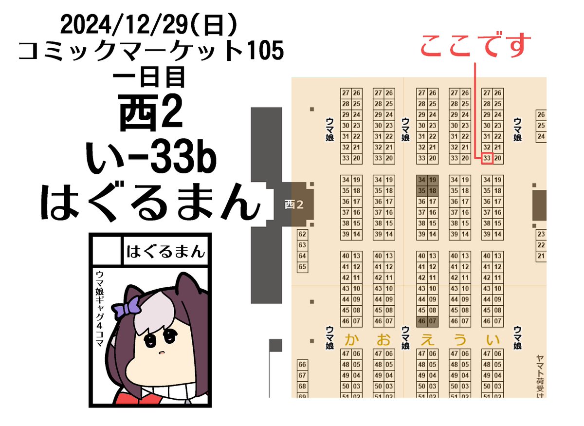 冬コミお品書きです。一日目西い-33b はぐるまん
是非お越しください🙇‍♂️
ウマ娘パロ4コマ集の新刊・既刊書店委託は🍈メロンブックスです。よろしくお願いいたします🙏 
