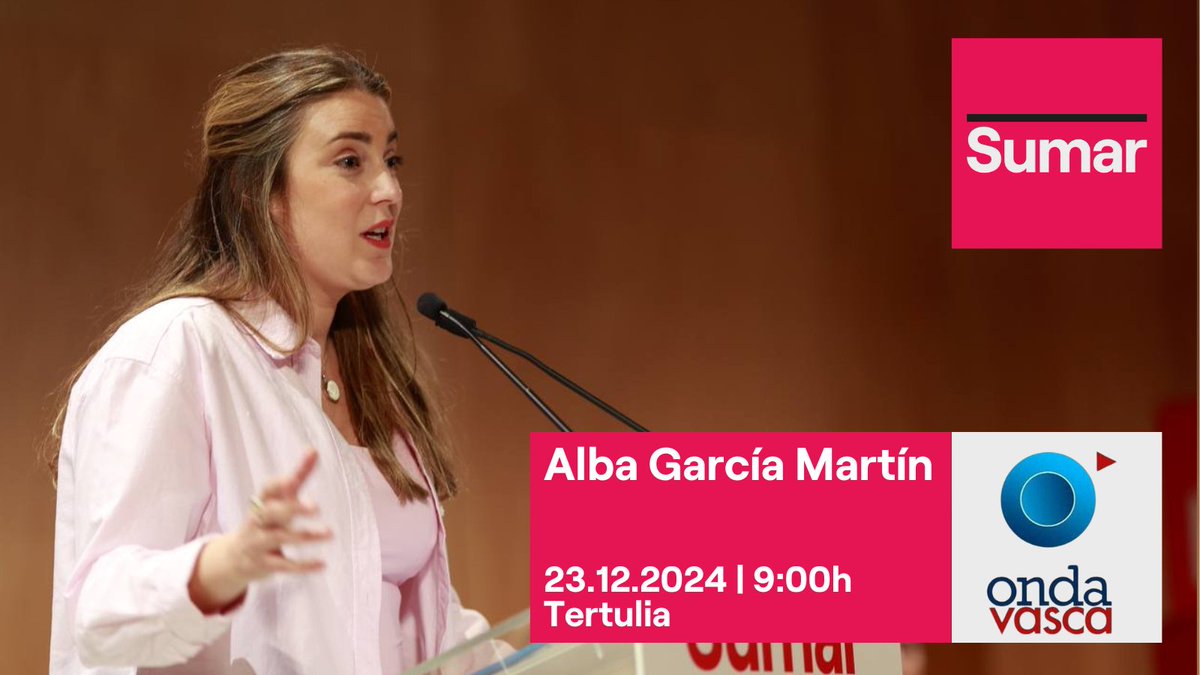 📻 <a href="/alba_garcia_m/">Alba García Martín</a> participa en la tertulia de <a href="/ondavasca/">Onda Vasca</a> a partir de las 9:00h.

Puedes escucharla a través de este enlace 👉🏽 ondavasca.com