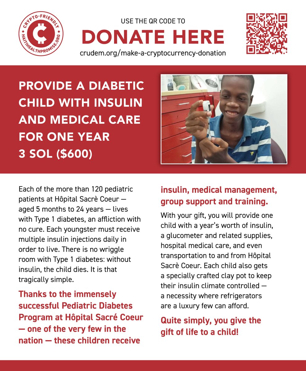 🌟 3 SOL = Life-Saving Insulin for a Year 🌟
Your donation can provide a diabetic child in northern Haiti with insulin &amp; medical care for an entire year. Transform a life with crypto today. 💙 crudem.org/make-a-cryptoc…
#CryptoForGood <a href="/TheGivingBlock/">The Giving Block</a>