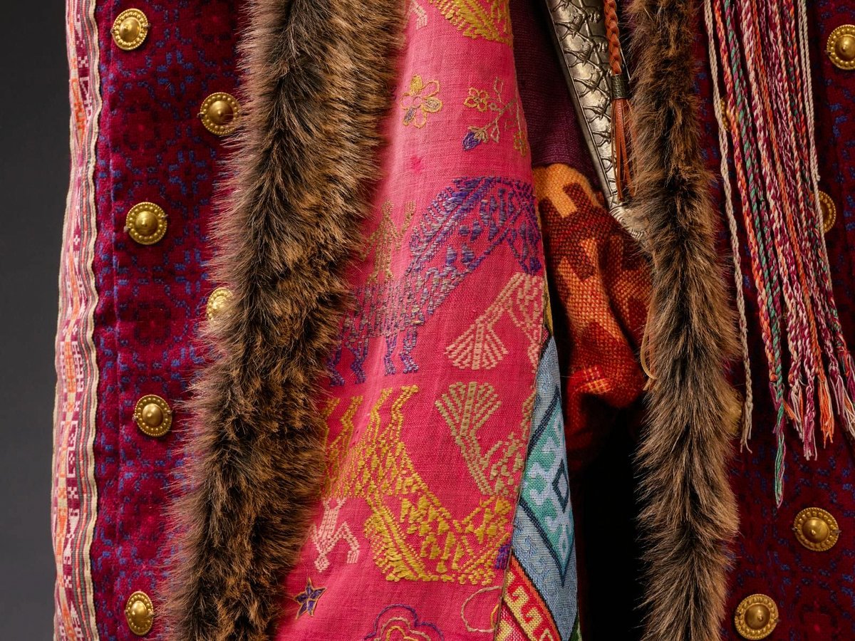 Recreation of a Persian rider from 500 BC, wearing a fur-lined and highly decorated gaunaka coat as an indicator of wealth and status, worn exclusively by the Achaemenid elite. British Museum, designed by Lloyd Llewellyn-Jones, sewn by Rebecca Southall.