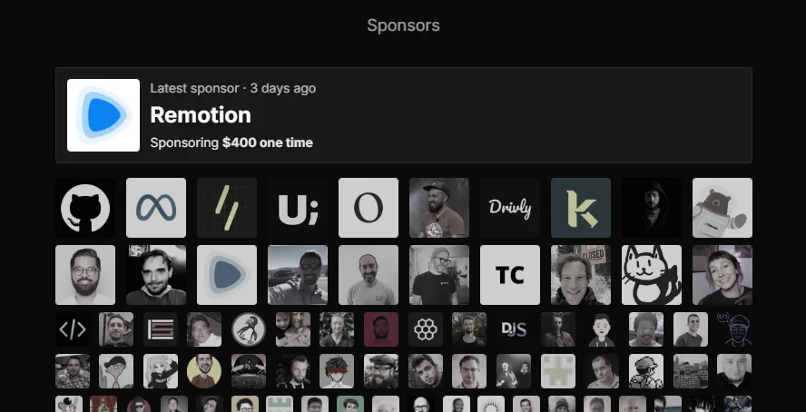 latest sponsor showing Remotion with a $400 donation