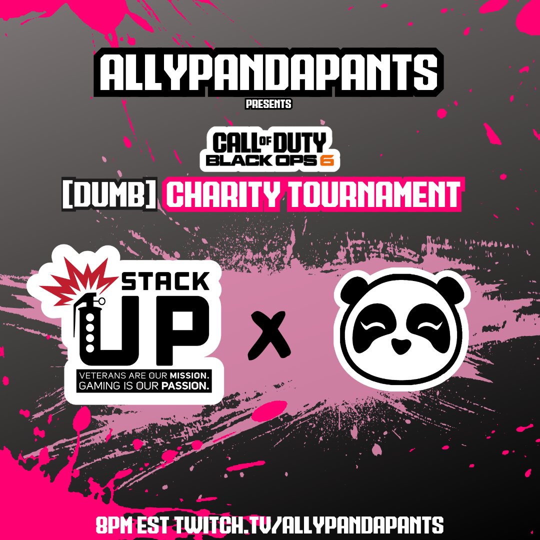 AllyPandaPants's tweet image. TONIGHT is our third annual charity tournament at 8PM EST!! 🥹 We're once again fundraising for the amazing @StackUpDotOrg but now we're playing some Bo6!! It's gonna be SO fun and lots of laughs so please stop by and support these awesome players and an extraordinary cause &amp;lt;3