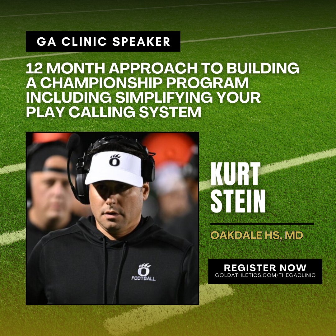 Gold Athletics (@goldathletics) on Twitter photo Join us at the #GACoachesClinic in Ocean City, MD, where Coach Stein (<a href="/OHSBearsFB/">Oakdale Football</a>) will be diving into the “12 Month Approach to Building A Championship Program Including Simplifying Your Play Calling System.” Don't miss this opportunity! 💪 Register now: goldathletics.com/thegaclinic Join us at the #GACoachesClinic in Ocean City, MD, where Coach Stein (<a href="/OHSBearsFB/">Oakdale Football</a>) will be diving into the “12 Month Approach to Building A Championship Program Including Simplifying Your Play Calling System.” Don't miss this opportunity! 💪 Register now: goldathletics.com/thegaclinic
