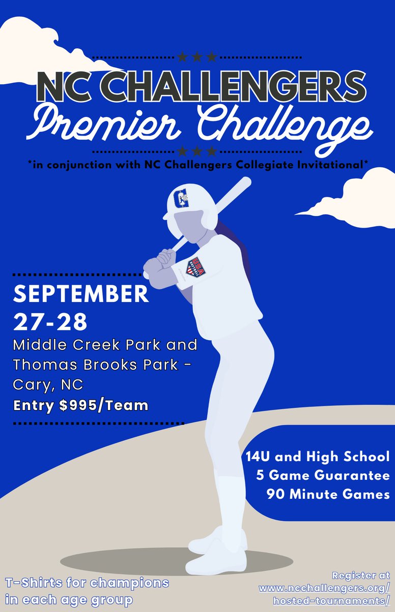 Registration is now open for TWO great events we will host in 2025!

APRIL 12-13: Strikeout Cancer Tournament for 12U &amp; 14U
SEPTEMBER 27-28: Premier Challenge for 14U and High School

Registration available at ncchallengers.org/hosted-tournam….