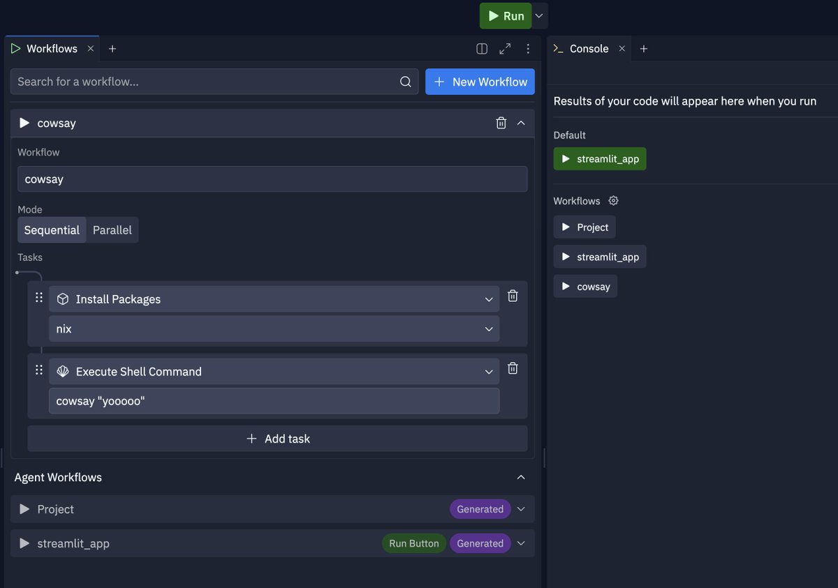amasad's tweet image. 🚢 Workflows

You, or Agent, can now define workflows in Replit. For example, you might run a &quot;scrape and load&quot; workflow when you need to update data in your project. 

The workflows you define will appear in the console or under the Run button.

More on this soon!