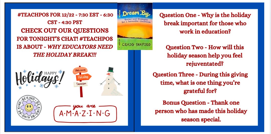 #teachpos Qs and times below. Hope you’ll join our holiday chat. <a href="/iluveducating/">Alicia Ray</a> <a href="/AllysonApsey/">Allyson Apsey</a> <a href="/JAlexanderPrin1/">J Alexander</a> <a href="/SteinbrinkLaura/">Lᴀᴜʀᴀ Sᴛᴇɪɴʙʀɪɴᴋ 🎸#RockNTheBoat</a> <a href="/DrFrankRud/">Frank Rudnesky, Ed. D.</a> <a href="/NowakRo/">Roman Nowak</a> <a href="/Rdene915/">Dr. RACHELLE DENÉ POTH |ThriveinEDU #AI #AIinEDU</a> <a href="/mcdonald_kecia/">Kecia McDonald 🌺 she/her</a> <a href="/redefineED/">Georgina Dean 🪄 #SBSWinner #TheFutureIsNow</a> <a href="/mrswilliams21c/">Laura Williams ✨</a> <a href="/jdeborahklein/">Jennifer D. Klein</a> <a href="/Toups_J/">Jerry Toups</a> <a href="/Mathemagician4U/">Tom De Fazio</a> <a href="/TheThinkingProj/">The Thinking Project</a> <a href="/MPA_GOJAGUARS/">Josh Tovar</a>