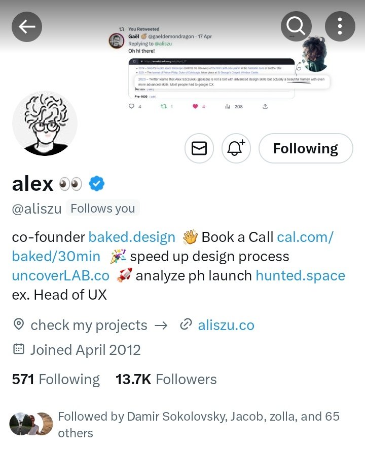 Just opened X and the first thing I see is that <a href="/aliszu/">alex 👀</a> followed me 😵❤