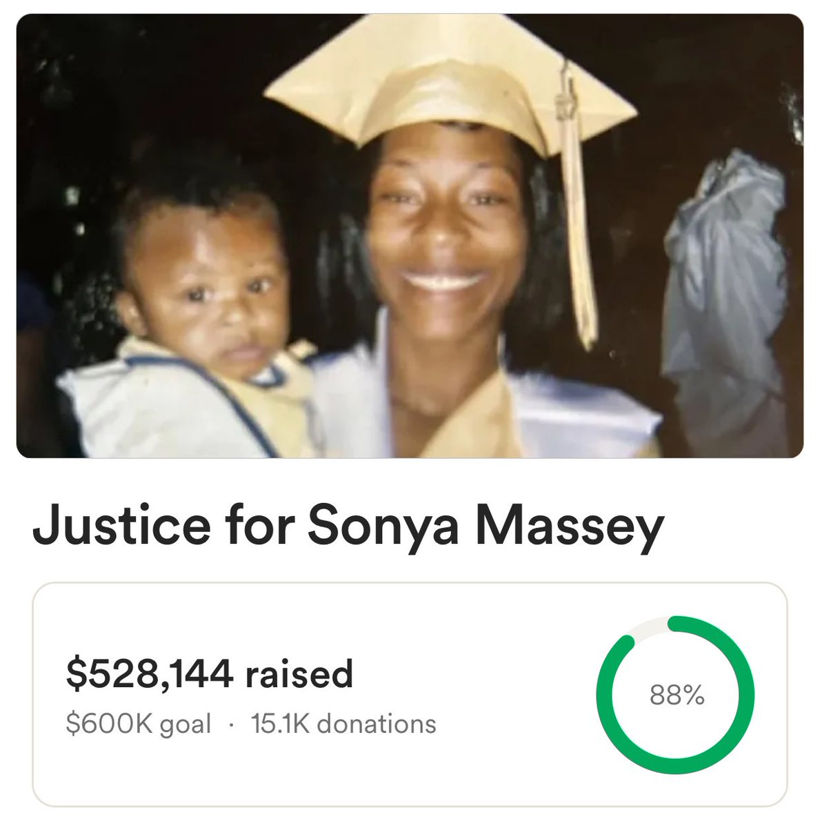 Justice for Sonya Massey and family who lost a mother, daughter, and sister. 

On July 6, 2024, Sonya was shot in the face by a police officer for saying “I rebuke you in the name of Jesus.”

Her two kids spend their first Christmas without her.

DONATE 👉 gofund.me/9a4bcb02