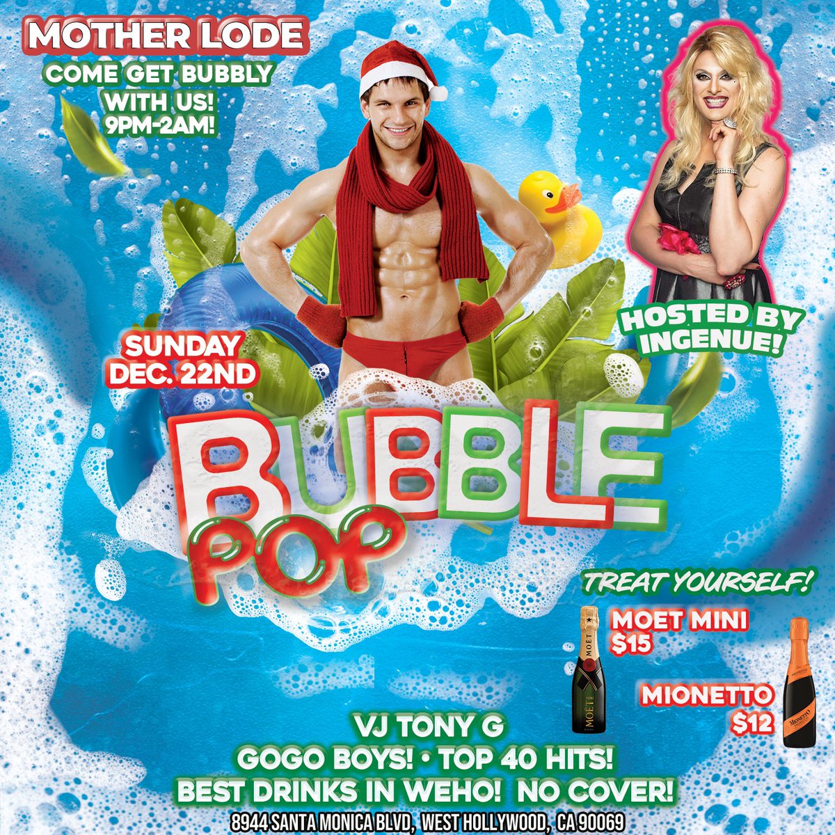 IngenueLA's tweet photo. TONIGHT 12/22!! It’s Sunday Night and time for 🎄🫧BUBBLE POP🫧🎄 at Mother Lode bar in WeHo, hosted by me 9pm!! https://t.co/PSq5vMBsPZ
