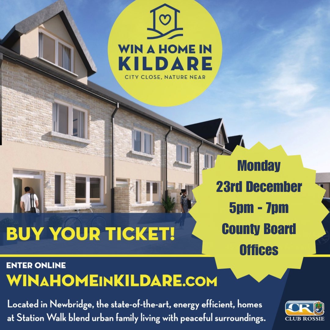 Club Rossie will be selling tickets for the ‘Win a Home in Kildare Draw’ tomorrow in the Bank of Ireland, Roscommon &amp; The County Board Offices.

You will be able to purchase your ticket with Cash/Cheque or Card. 

Gift Vouchers for Christmas presents will also be available.