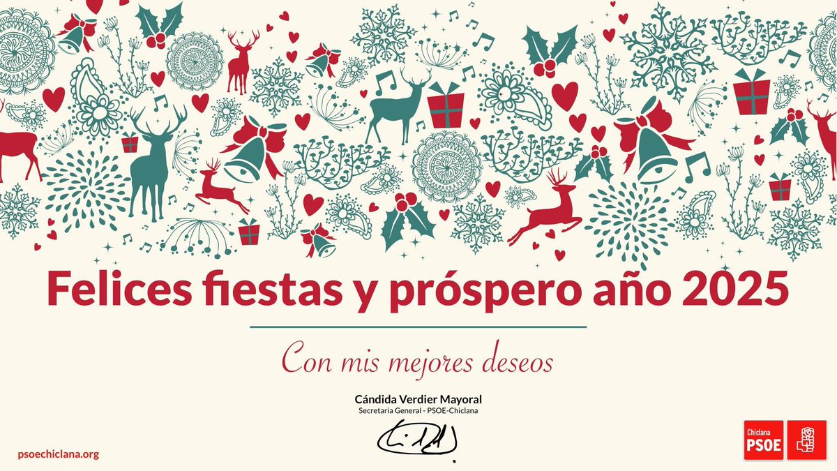 psoechiclana's tweet photo. 🎄 Nuestra Secretaria General, Cándida Verdier, quiere trasladar en su nombre y en el de la Comisión Ejecutiva Municipal sus mejores deseos para estas fechas señaladas  y un próspero año nuevo 2025.

#ChiclanaEnPositivo #50añospsoechiclana https://t.co/ukvB2SdEkN