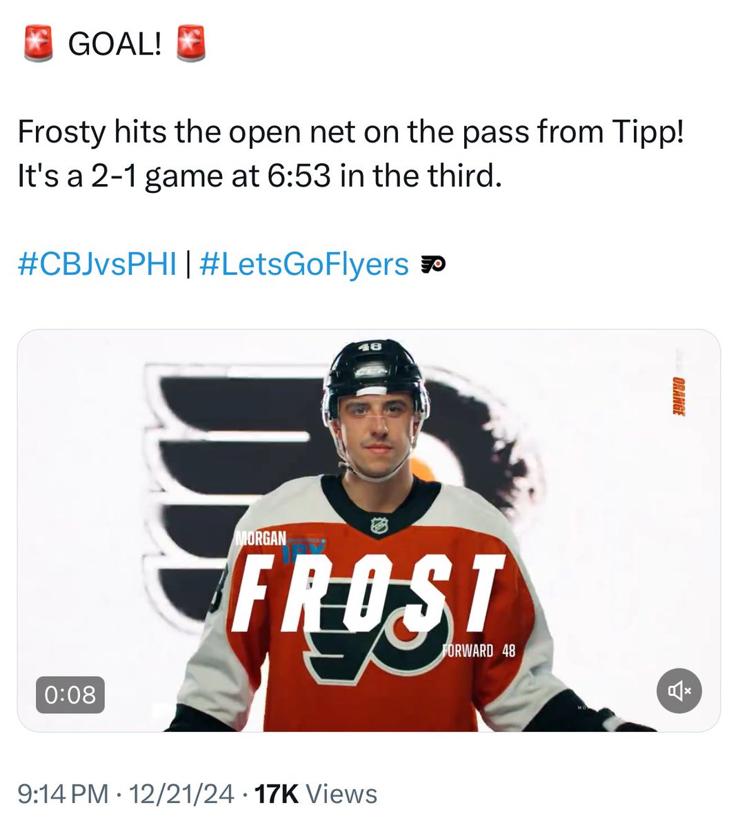 86bohm's tweet photo. reactivating to share morgan frost scored a goal on the same day two years in a row. december 21st is his day, ty for coming to my ted talk https://t.co/72BdRUKVzf