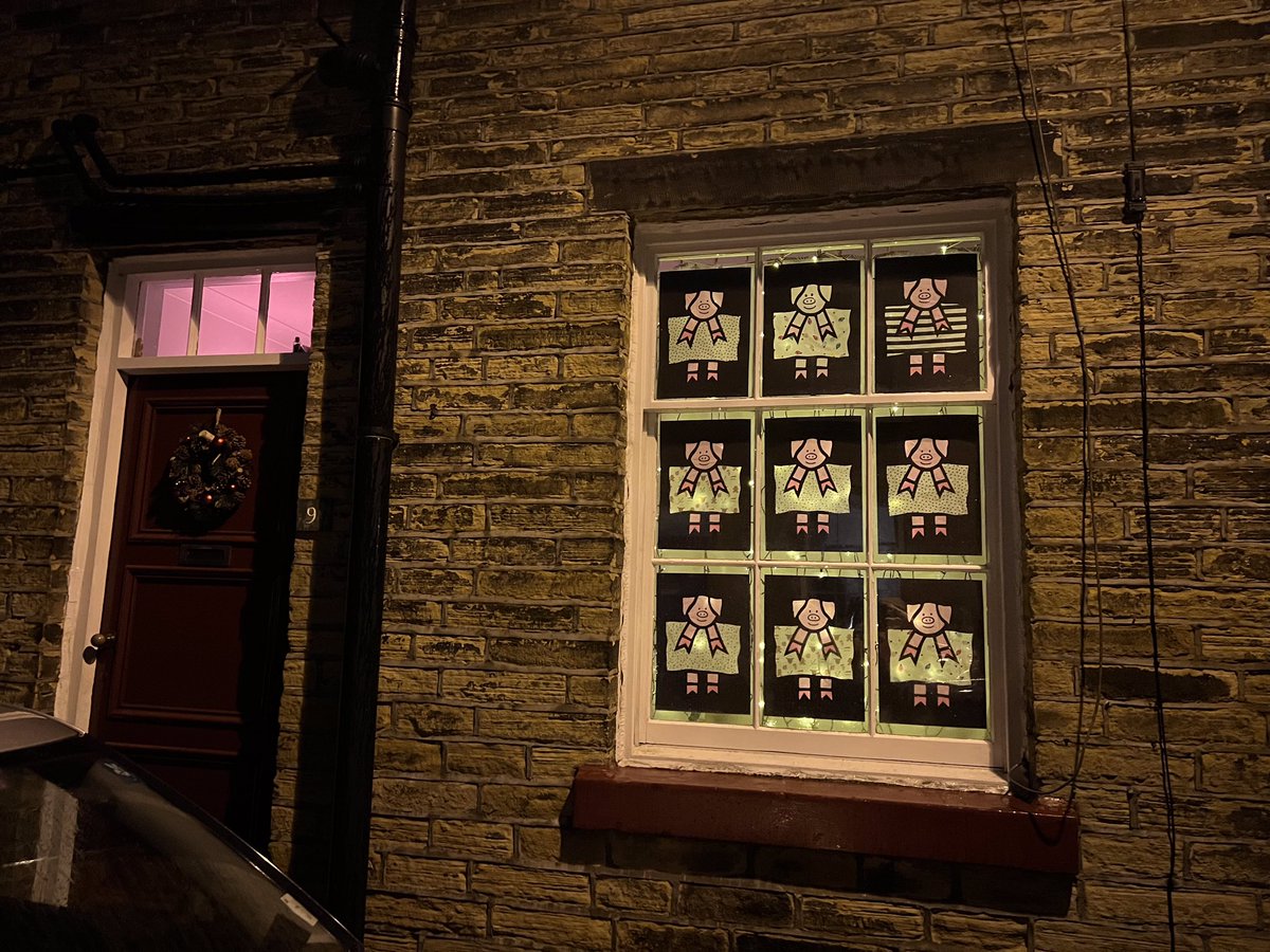 #Saltaire Advent Calendar at 6 Edward St where Rhoda &amp; Sally Dewhirst, millhands, lived for over 50yrs. Rhoda a spinner took Sally (in the sidecar) &amp; friends for a spin to #Blackpool in 1926. Both less than 5 feet tall, Sally died 4yrs after Rhoda in 1963 &amp; a new family moved in