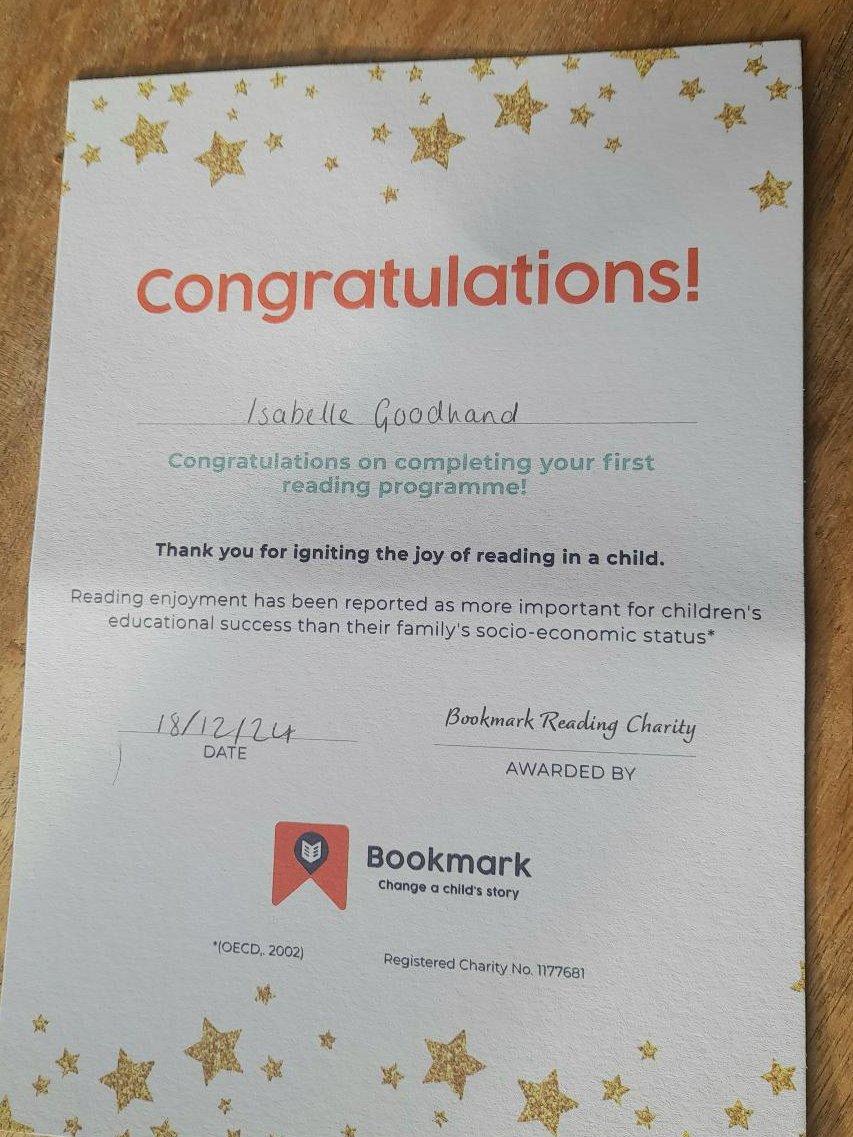 Thank you very much to <a href="/BookmarkCharity/">Bookmark Reading Charity</a> for sending me this! It's been wonderful to complete my first volunteer programme with you, and I look forward to the next!