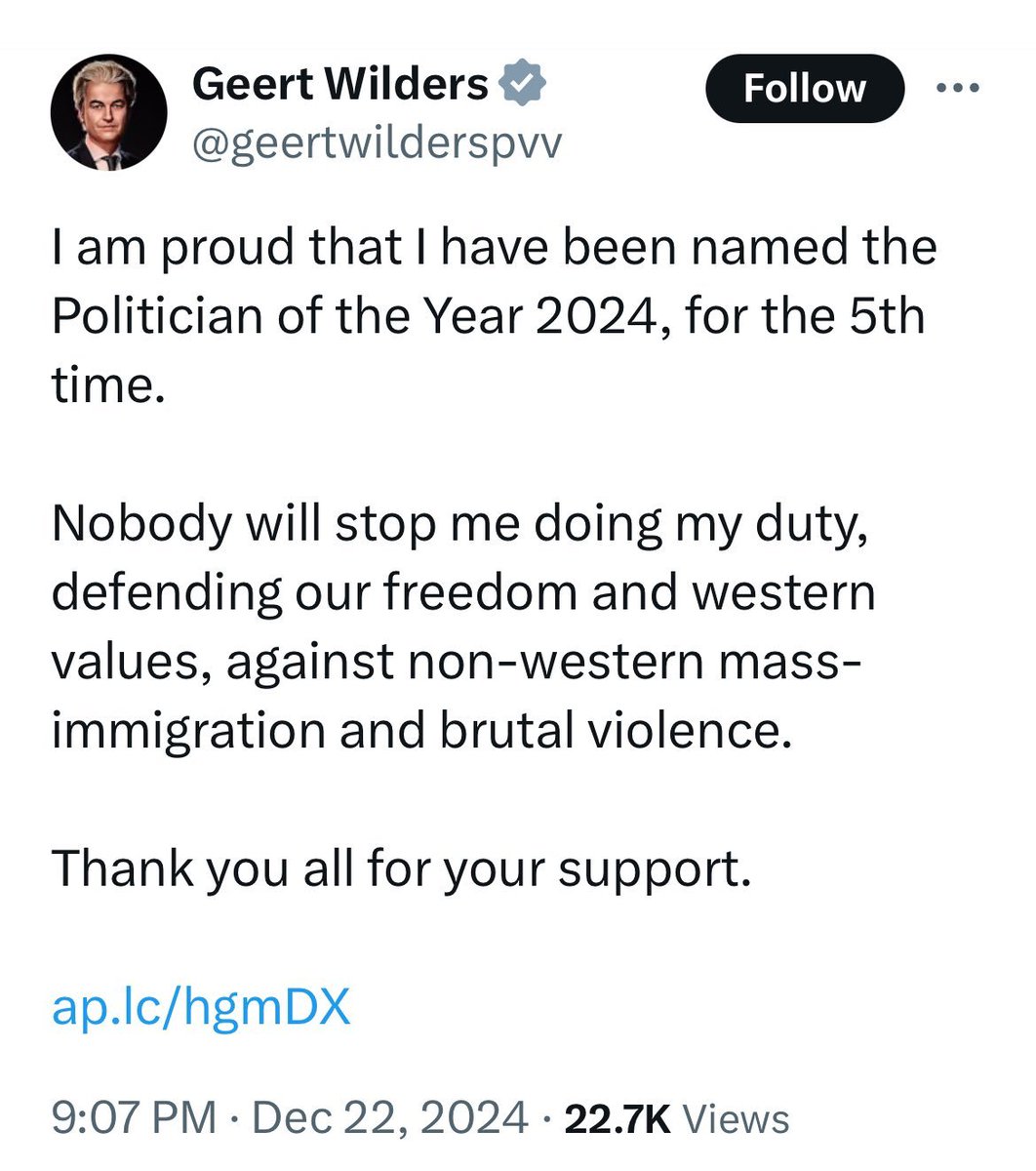 RobVergeer's tweet photo. Wordt 't niet tijd om deze wannabee fascist #Wilders te #cancelen?
Zijn #wetsvoorstel: gevangenisstraf voor bezit #koran en bezoek #moskee.
Zijn beloning: #politicusvanhetjaar
Dit land is echt helemaal gestoord geworden en heeft dringend hulp nodig. https://t.co/aC2WWaH7Fy