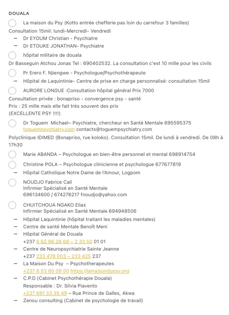 FatiaMBIDA1's tweet photo. Hello, c’était moi et j’ai update la liste des Psy et j’ai décidé de l’étendre sur plusieurs villes. Je n’ai pas encore fini car je cherche également les renseignements sur ceux qui travaillent dans le public où c’est moins cher mais cette ébauche de liste peut déjà aider. https://t.co/z6eKgsI2XE