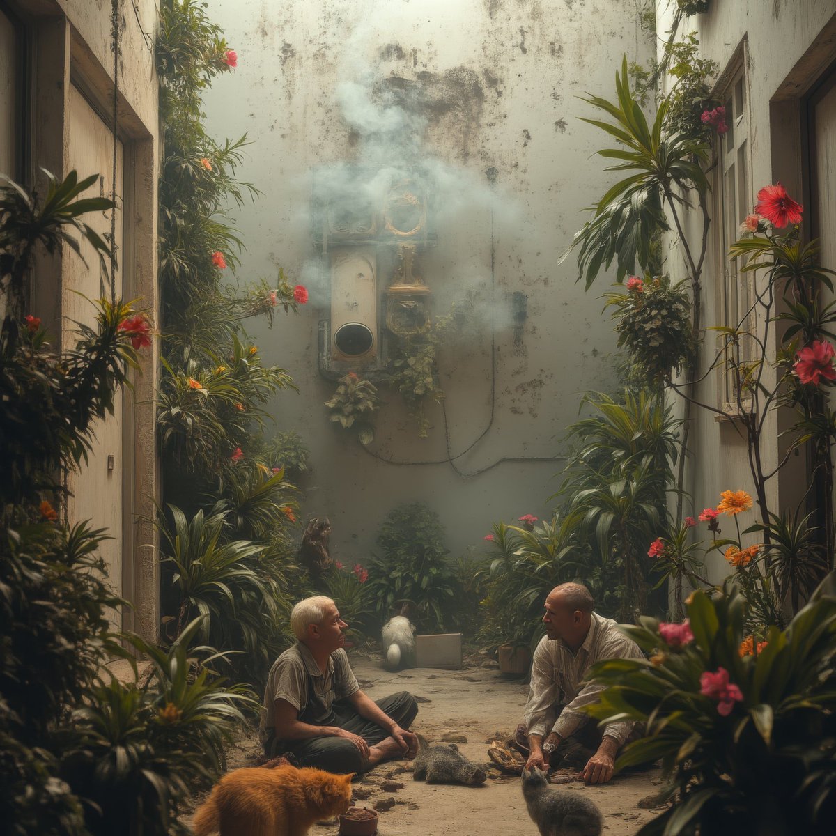 This image, generated by the Large Nature Model (LNM) by Refik Anadol, depicts a serene and intimate courtyard scene. The setting is rich in lush greenery and vibrant flowers, with a misty atmosphere adding a sense of calm and mystery. #LNM