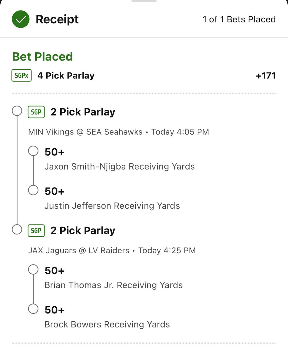 MoveTheML's tweet image. 🚨Late Slate 50x4 Rec Yds

🪶JSN 50+
👌 Jefferson 50+
🐆 BTJ 50+
☠️ Bowers 50+

💵 +171 .5u

#NFL   #SportsBettingX #GamblingX #NFLBets #NFLPicks #GamblingTwitter 
#sportsbettingpicks