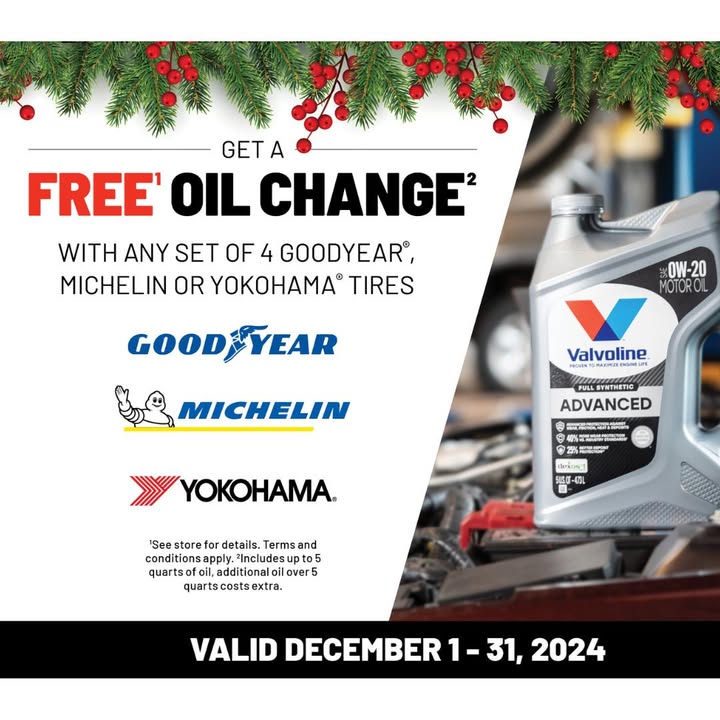 tirechoice's tweet photo. This December with any set of 4 Goodyear, Michelin, or Yokohama tires get a FREE oil change! 🛠️✨ #TIRESOFFERS https://t.co/aAs0ibWUC4
