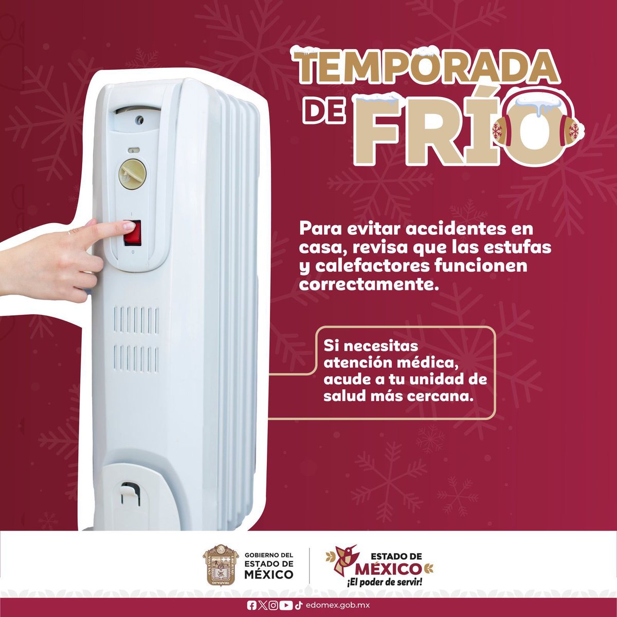 En esta #TemporadaDeFrío, ¡evita accidentes!
Asegúrate del buen funcionamiento de la estufa y calefactor.
Si necesitas atención médica, acude a tu unidad de salud más cercana.
#ElPoderDeServir