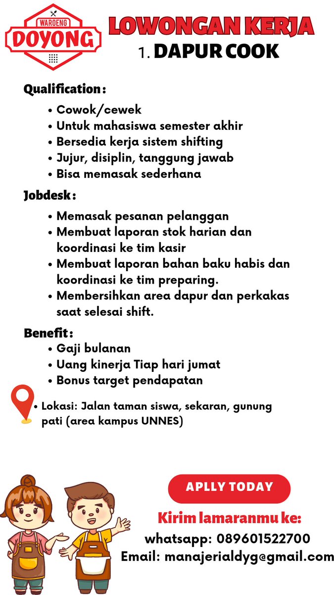Hallo, kami WAROENG DOYONG sedang mencari kandidat di bagian dapur// dan preparing.

UNTUK MAHASISWA// UMUM
Jika berminat silakan chat by wa 089601522700

BATAS AKHIR 30 DESEMBER 2024