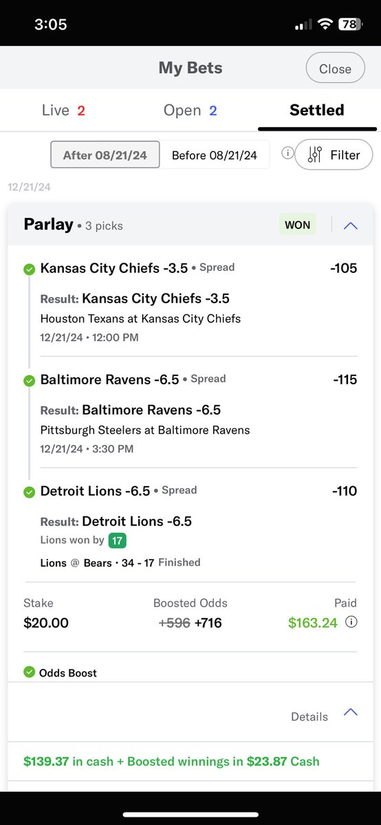 Nice hit. +716. Having a great weekend. Up $260 with a couple more parlays needing one leg.