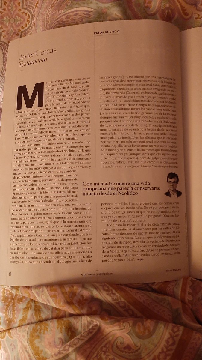 Última lectura del día. Mi padre me ha dicho que  tenía que leer a Cercas. Ante su insistencia, me  he llevado a la cama el suplemento. Creo que mi padre me ha querido decir muchas cosas con esta lectura obligada. La comparto por si alguien la necesita y, como yo, no lo sabía. 💖