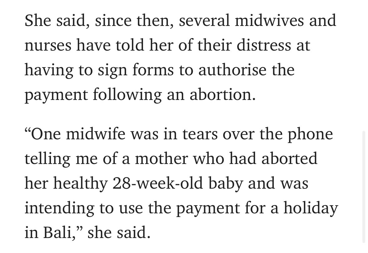 it's insane that she keeps getting published in the tiser with absolute nonsense

nobody who has carried a baby for 28  weeks is ending a pregnancy simply for a $4k payment