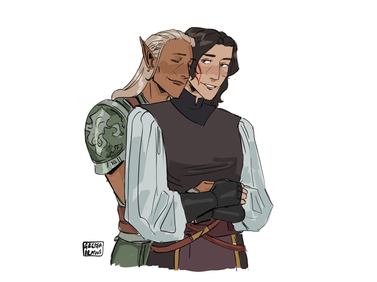 Sketch of <a href="/vatikise/">paladin → on bluesky! 🦋</a>'s warden with zevran for their raffle prize!