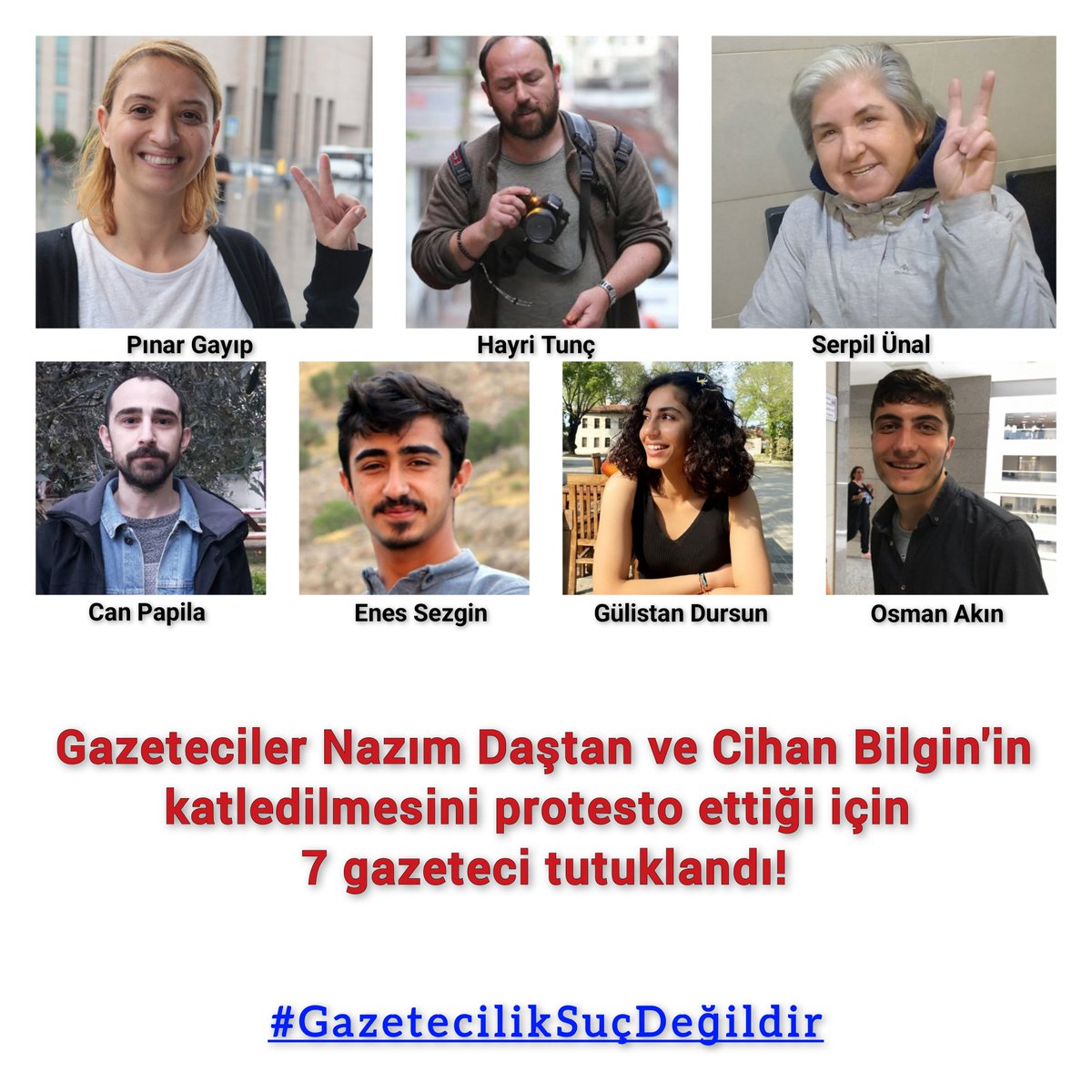 7 meslektaşımız, yoldaşımız, Nazım ve Cihan'ın katledilmesine karşı ses çıkardığı için tutuklandı. Yine de boyun eğmediler, geri adım atmadılar. Hepsi gazetecidir ve onurumuzdur! Hepinizi alacağız dostlar! #GazetecilikSucDegildir