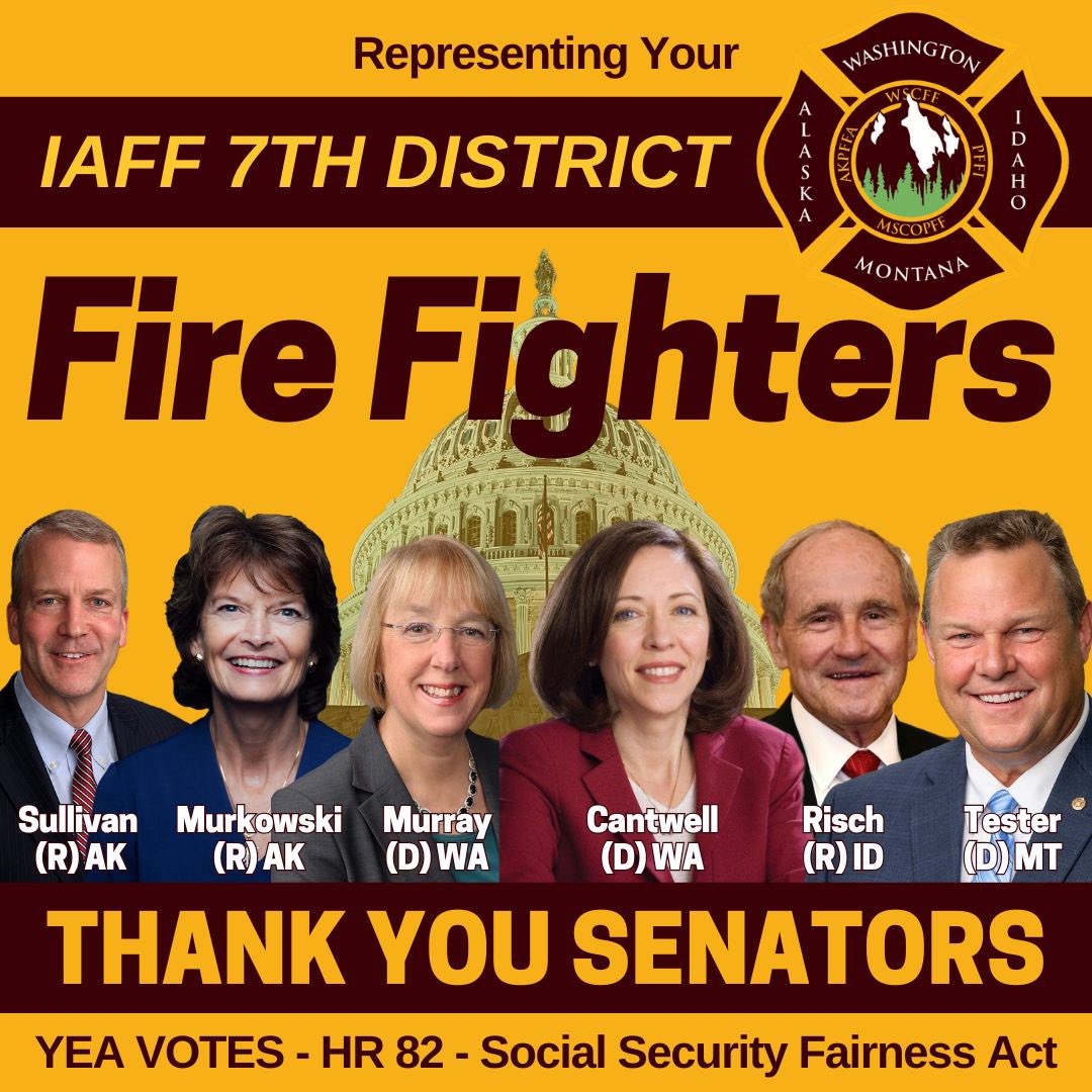 7thdistrictIAFF's tweet photo. Thank you Senators of the @IAFFofficial 7th District for your YES votes in favor of HR82 Social Security Fairness Act🙌
AK:
@SenDanSullivan 
@lisamurkowski 
WA:
@PattyMurray 
@SenatorCantwell 
ID:
@SenatorRisch 
MT:
@SenatorTester https://t.co/PNQgxJJAyS