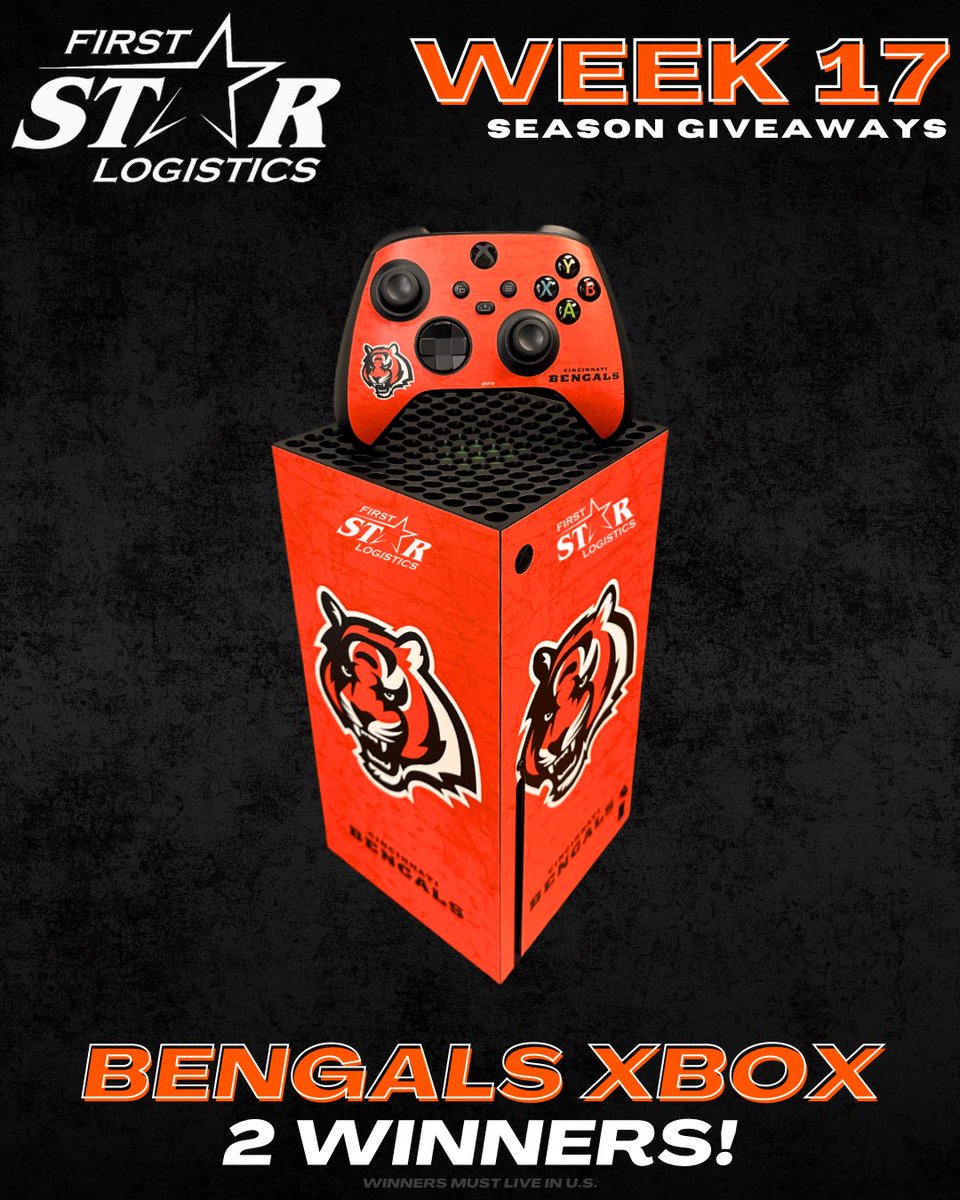First Star Logistics (@firststarlog) on Twitter photo 🐅WEEK 17🐅
Time flies when you’re having fun (& winning) This week, enter for a chance to win a Bengals Xbox🔥
You could be one of two winners! Here’s how:
🧊Follow us
🧊Follow <a href="/JoeGoodberry/">Goodberry</a>
🧊Follow <a href="/JakeLiscow/">Jake Liscow</a>
🧊Follow <a href="/DLInTheTrenches/">Dave Lapham "In The Trenches" Podcast/Videocast</a>
🧊RT this tweet
WHO DEY! 🐅WEEK 17🐅
Time flies when you’re having fun (& winning) This week, enter for a chance to win a Bengals Xbox🔥
You could be one of two winners! Here’s how:
🧊Follow us
🧊Follow <a href="/JoeGoodberry/">Goodberry</a>
🧊Follow <a href="/JakeLiscow/">Jake Liscow</a>
🧊Follow <a href="/DLInTheTrenches/">Dave Lapham "In The Trenches" Podcast/Videocast</a>
🧊RT this tweet
WHO DEY!