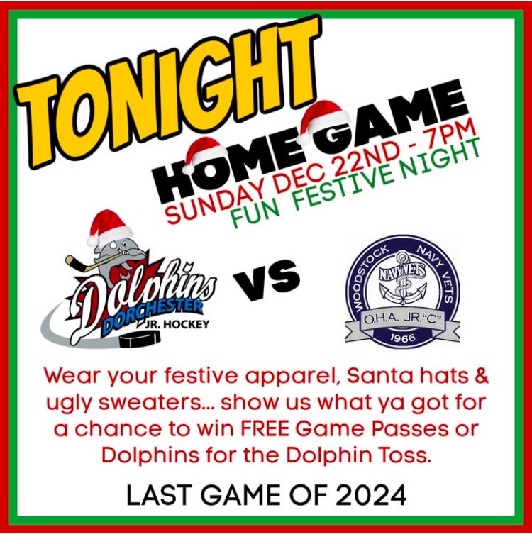 GAME NIGHT!!🐬🐬🐬
Join us tonight as the Dolphins take on the <a href="/WDSKNavyVets/">Woodstock Navy Vets</a> at the Flight Exec Centre - game time 7:00pm
It’s a great night to catch a game and cheer on your hometown <a href="/PJHL_Doherty/">PJHL DohertyDivision</a> team!!
#GOPHINS 
🐬🐬🐬🐬🐬🐬🐬