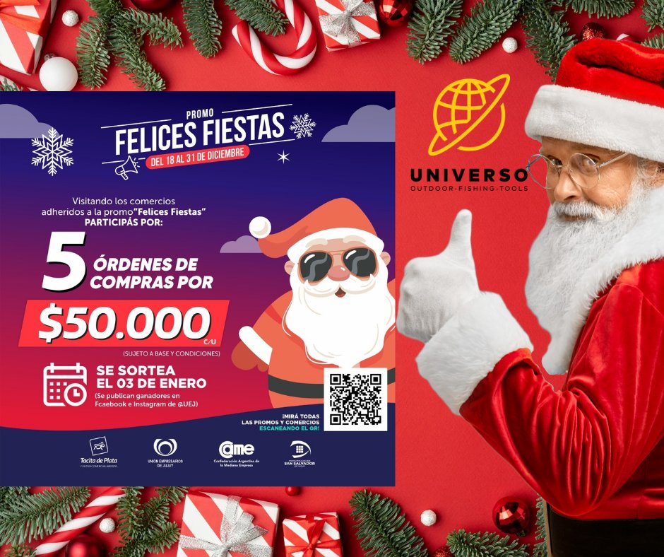 Participa por Órdenes de compra por $50.000 
Escanea y participa. 
@uej_jujuy <a href="/redcame/">CAME</a> CAME - Confederación Argentina de la Mediana Empresa 
#Navidad #sorteonavidad #promo #bazar #ferreteria #camping #pesca