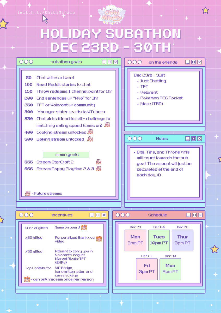 First stream tomorrow, December 23rd, at 3pm PT! 🩷

twitch.tv/ChibiMiharu
