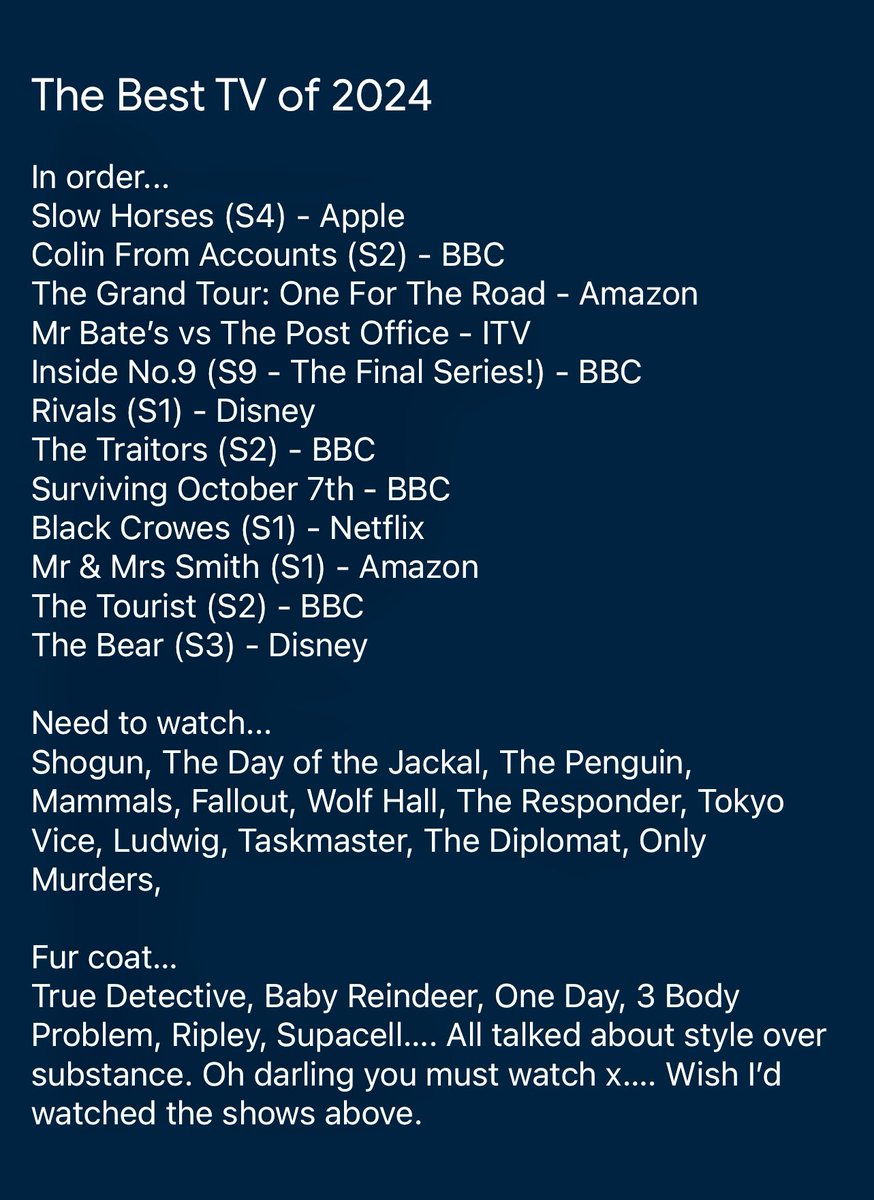 colinwatkins's tweet image. The best TV shows from 2024.
Slow Horses, Colin From Accounts, Inside No9, The Grand Tour, Rivals, Mr Bate’s vs The Post Office, The Bear,
Sadly this was another year with no stand out, laugh out loud, sitcom.
Thoughts?