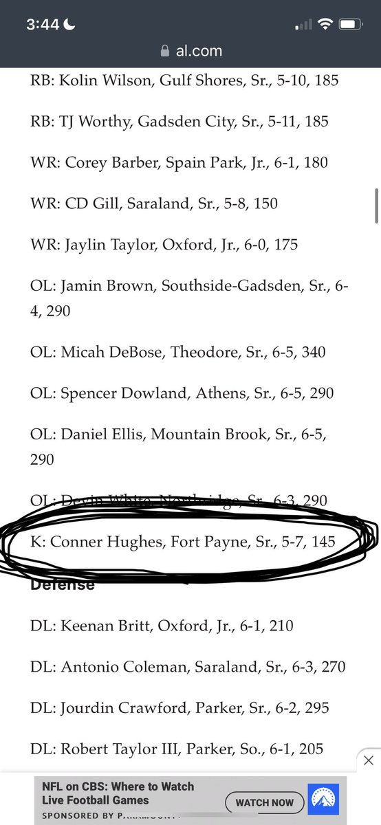 Conner Hughes (@connerhughes_12) on Twitter photo Blessed to be named 6a All-State kicker for the second consecutive year. Thank you to the Alabama Sports Writers Association for this honor.
<a href="/coachargote53/">Bryant Argote Jr</a> <a href="/CM_gridiron/">CM Gridiron</a> <a href="/HallTechSports1/">Hall-Tech Sports</a> <a href="/AL6AFootball/">Alabama6AFootball</a>
<a href="/FPCatsFootball/">Fort Payne Football</a> <a href="/BCCoachK/">Tony Kunczewski</a> Blessed to be named 6a All-State kicker for the second consecutive year. Thank you to the Alabama Sports Writers Association for this honor.
<a href="/coachargote53/">Bryant Argote Jr</a> <a href="/CM_gridiron/">CM Gridiron</a> <a href="/HallTechSports1/">Hall-Tech Sports</a> <a href="/AL6AFootball/">Alabama6AFootball</a>
<a href="/FPCatsFootball/">Fort Payne Football</a> <a href="/BCCoachK/">Tony Kunczewski</a>