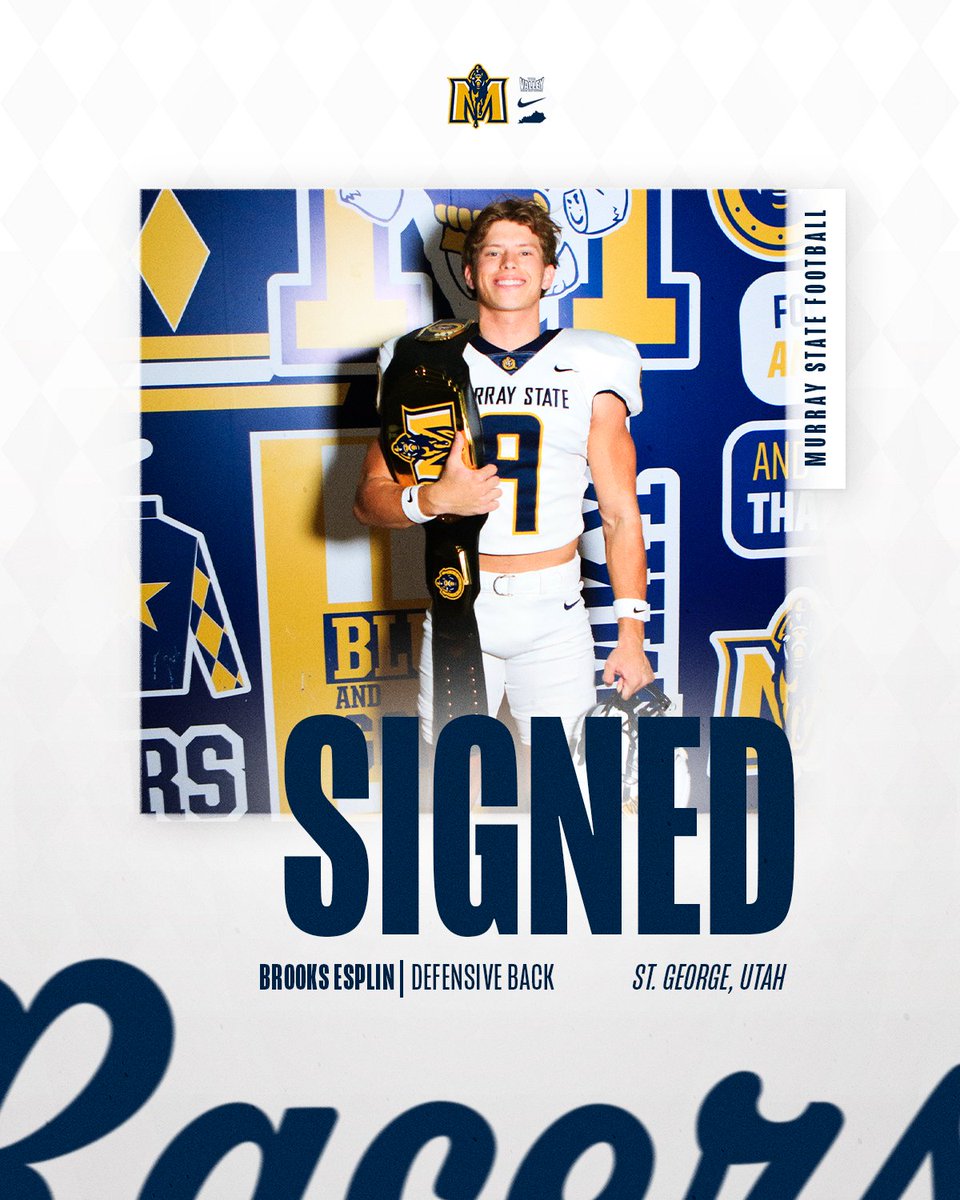 Murray State Football (@racersfootball) on Twitter photo 𝙒𝙚𝙡𝙘𝙤𝙢𝙚 𝙩𝙤 𝙩𝙝𝙚 𝙈𝙆𝙔 ✍️
🪪 <a href="/brooks_esplin/">Brooks Esplin</a>
📏 5’11 // 185 lbs, Defensive Back
📍 St. George, Utah
#GoRacers🏇 𝙒𝙚𝙡𝙘𝙤𝙢𝙚 𝙩𝙤 𝙩𝙝𝙚 𝙈𝙆𝙔 ✍️
🪪 <a href="/brooks_esplin/">Brooks Esplin</a>
📏 5’11 // 185 lbs, Defensive Back
📍 St. George, Utah
#GoRacers🏇