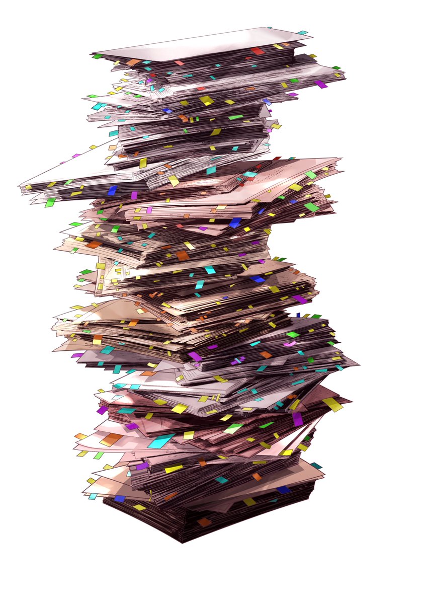 「年末進行や確定申告に追われるあなたへ、積まれた書類素材その1です。画面にちょこっ」|東條チカのイラスト