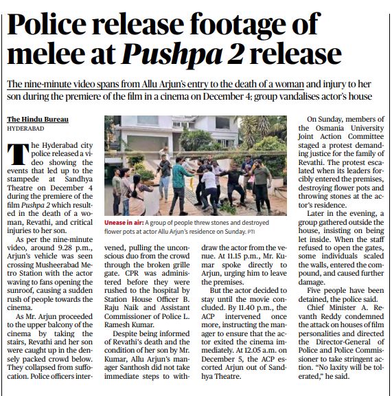 KaliKamlesh's tweet photo. Hyderabad police release footage of chaos at #Pushpa2 premiere. A tragic stampede at Sandhya Theatre led to a woman's death and her son's injury. Protesters vandalized actor Allu Arjun's house. #Hyderabad #Pushpa2Release https://t.co/gKNCM1blM6