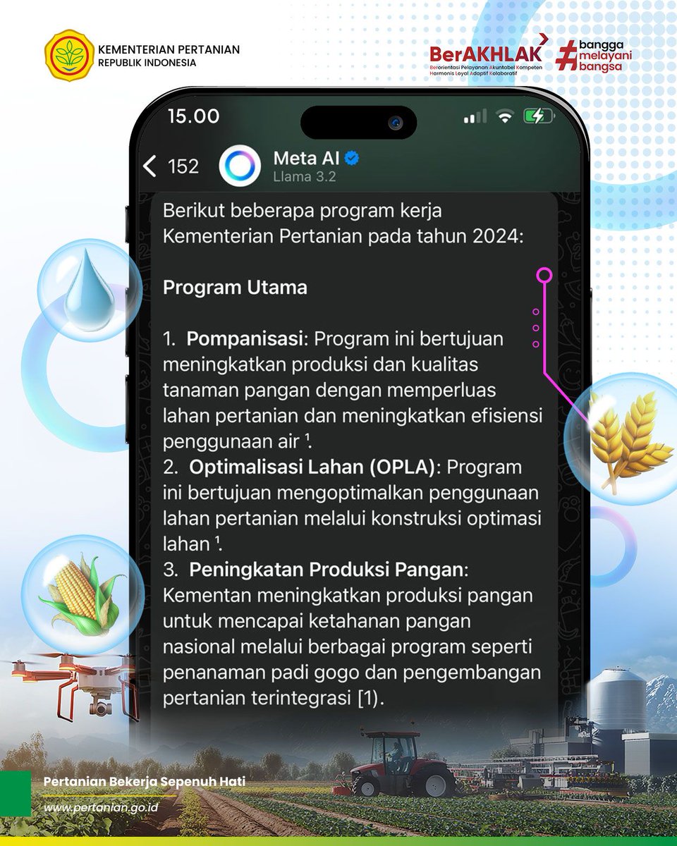 kementan's tweet photo. 1. Kira-kira META AI tahu nggak yah Program Kerja unggulan dari Kementerian Pertanian sepanjang tahun 2024 ini?
Cek postingan berikut untuk tahu jawabannya ya!
Pssst.. tanya apa lagi nih ya selanjutnya?
Tulis ide #SobaTani di kolom komentar ya!
#METAAI #TrenAI #ProgramUnggulan https://t.co/W7pmSnb79E