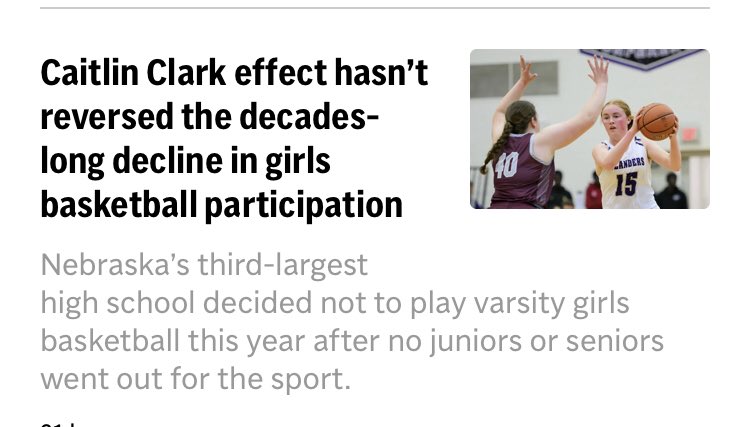Parents Across America are pulling there young girls out of basketball: va Caitlin Clark woke comments from <a href="/TIME/">TIME</a>  article 
Multiple programs have been canceled 
Because of back lash off her comments 

apnews.com/article/girls-…