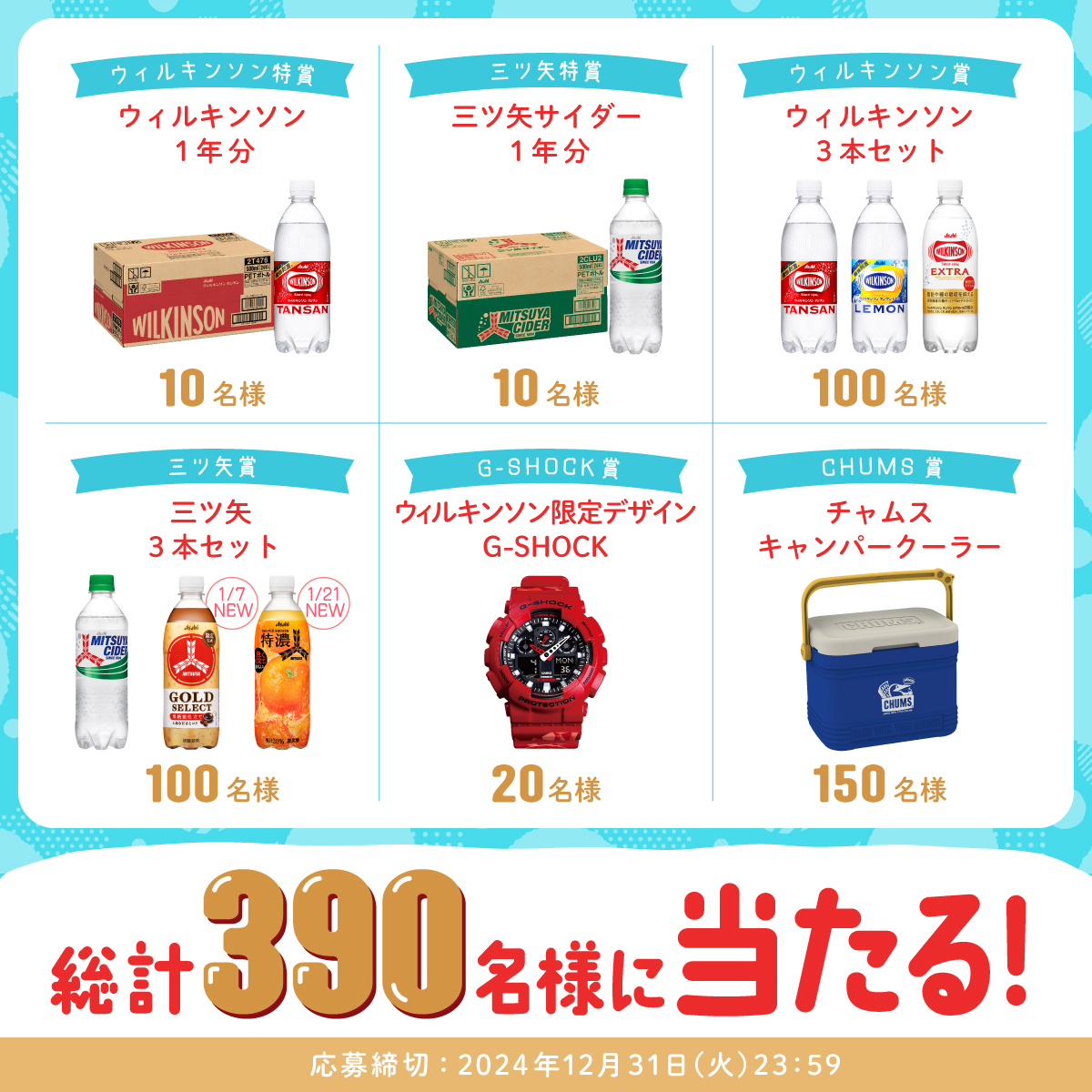 asahiinryo_jp's tweet photo. 明日まで！！
#アサヒ飲料年末感謝くじ 🫧🎶

みなさんのおかげで #三ツ矢140th #ウィルキンソン120th を迎えられた年でした！周年の締めくくりとして感謝を込めてキャンペーンを実施中♪
1年分商品を含む豪華な6種の景品を🎁

❶@asahiinryo_jpをフォロー
❷この投稿をリポスト
すぐに結果が届く💌