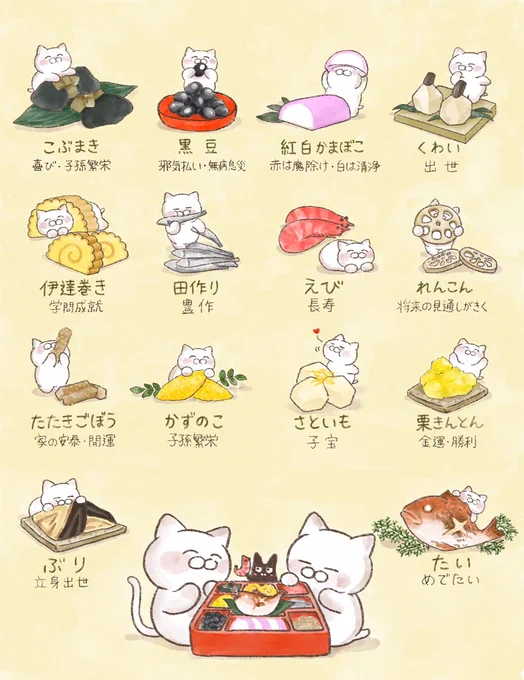 おせち(御節)料理には縁起の良いものがたくさん入っています。料理に込められた思い、意識して食べると一味違う🐾 