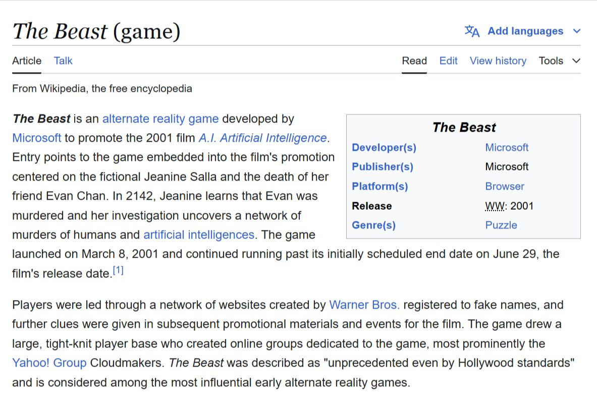 JohnTitor137's tweet photo. Reminder: Microsoft created an ARG called "The Beast" to promote the 2001 film A.I. Artifical Intelligence...

...and then September 11th happened. https://t.co/TnOn8GDPAo