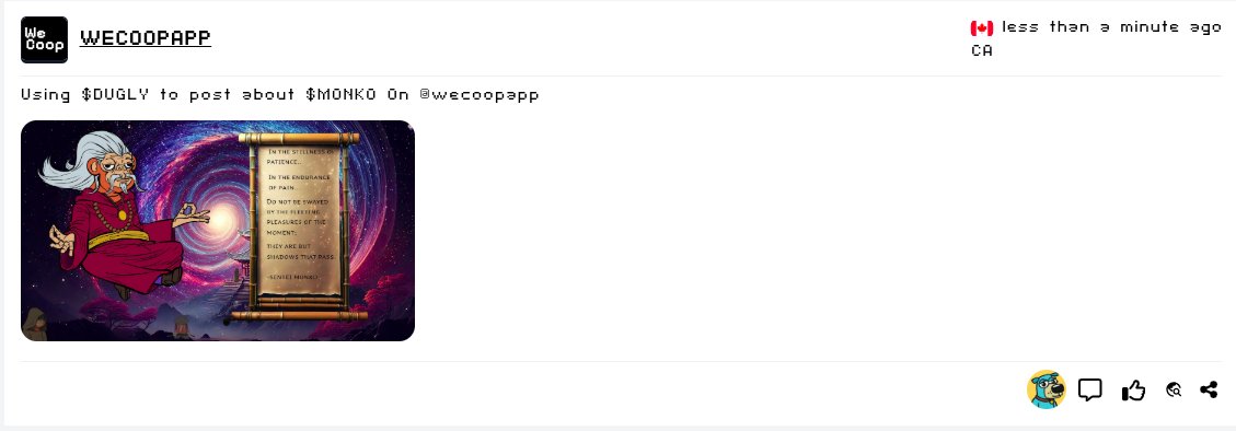 appwecoop's tweet image. Now using $DUGLY to post about $MONKO on our web3 social media built on $ALGO.
We just added some new utility to one of your favourite community coins on @AlgoFoundation blockchain.
Soon a new $DUGLY poll for you to participate and earn, only on wecoop.xyz