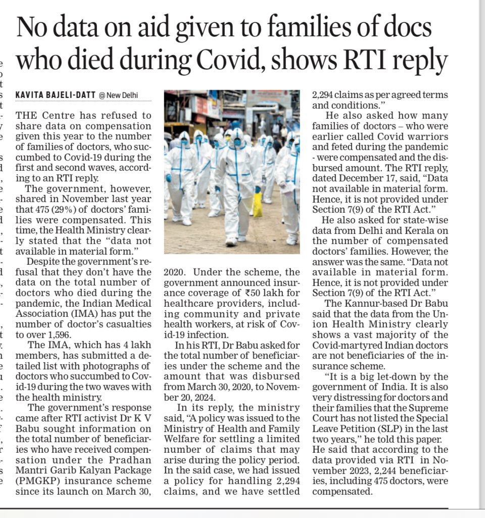 Kavita Bajeli-Datt (@kavitadatt) on Twitter photo No data on aid given to families of docs who died during Covid, show RTI reply
<a href="/NewIndianXpress/">The New Indian Express</a> <a href="/TheMornStandard/">TheMorningStandard</a> <a href="/MoHFW_INDIA/">Ministry of Health</a> <a href="/JPNadda/">Jagat Prakash Nadda</a> <a href="/OfficeofJPNadda/">Office of JP Nadda</a> <a href="/drbabukv/">Dr Babu K V</a> <a href="/IMAIndiaOrg/">Indian Medical Association</a> <a href="/FAIMA_INDIA_/">FAIMA Doctors Association</a> <a href="/FordaIndia/">FORDA INDIA</a> <a href="/UDF_BHARAT/">UNITED DOCTORS FRONT (UDF)</a> <a href="/PMOIndia/">PMO India</a> No data on aid given to families of docs who died during Covid, show RTI reply
<a href="/NewIndianXpress/">The New Indian Express</a> <a href="/TheMornStandard/">TheMorningStandard</a> <a href="/MoHFW_INDIA/">Ministry of Health</a> <a href="/JPNadda/">Jagat Prakash Nadda</a> <a href="/OfficeofJPNadda/">Office of JP Nadda</a> <a href="/drbabukv/">Dr Babu K V</a> <a href="/IMAIndiaOrg/">Indian Medical Association</a> <a href="/FAIMA_INDIA_/">FAIMA Doctors Association</a> <a href="/FordaIndia/">FORDA INDIA</a> <a href="/UDF_BHARAT/">UNITED DOCTORS FRONT (UDF)</a> <a href="/PMOIndia/">PMO India</a>