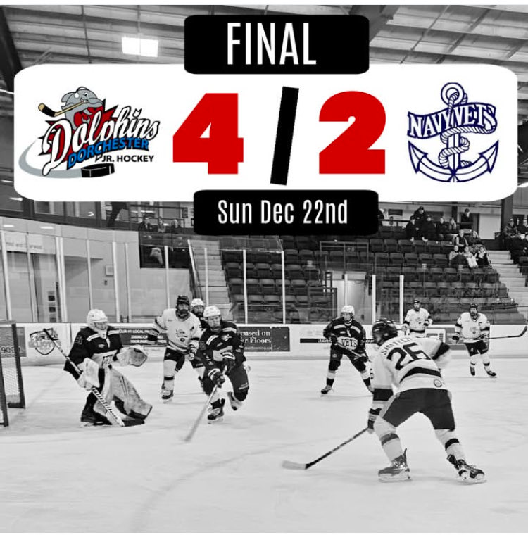 WINNERS!🐬🐬🐬🐬
The Dolphins knock off the ⁦<a href="/WDSKNavyVets/">Woodstock Navy Vets</a>⁩ tonight by a final score of 4-2.
Goals by #9 Lucas Wilson, #8 Jarrett Humphries, #25 Nolan Milne &amp; #7 Liam Brulotte. The Navy Vets responded with goals from #8 Tate McKenna &amp; #10 Logan Pace-Roth. 
#GOPHINS