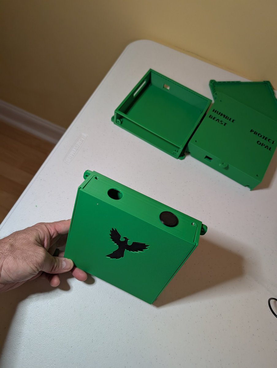 HumbleBeastKerr's tweet image. Finished the lid to the main circuit board today. I asked #Grok for a picture of an opal. Got this Phoenix cut opal and ran with it. I&apos;m really happy with my cable knockouts. If I had some black TPU that&apos;d be even better. #ProjectOpal #CnC #3Dprinting #Progress